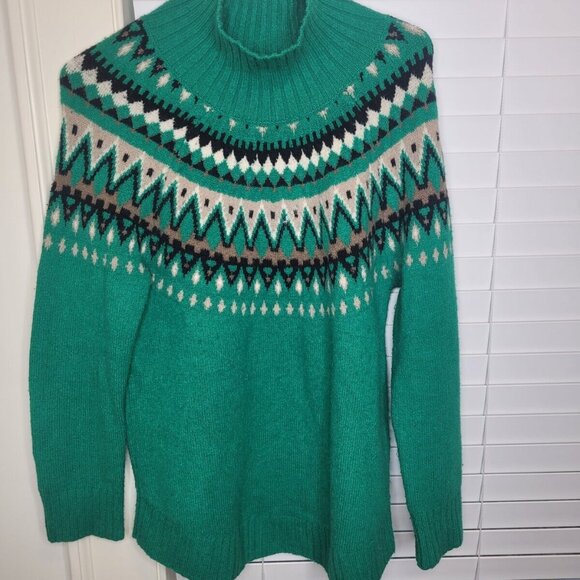 J. Jill Alpine Fair Isle Mock Neck Green Wool Blend Sweater XS Cabincore Jumper - Picture 2 of 6